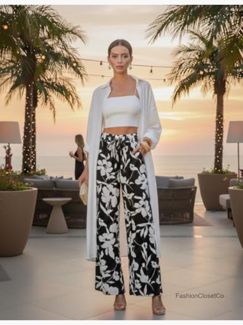 Womens Palazzo Pants Boho Floral Wide Leg Pants High Waist with Pockets - Picture 5 of 7